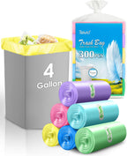 4 Gallon 300pcs Strong Trash Bags Colorful Clear Garbage Bags, Bathroom Trash Can Bin Liners, Small Plastic Bags for home office kitchen, fit 12-15 Liter, 3,3.5,4.5 Gal,Multicolor