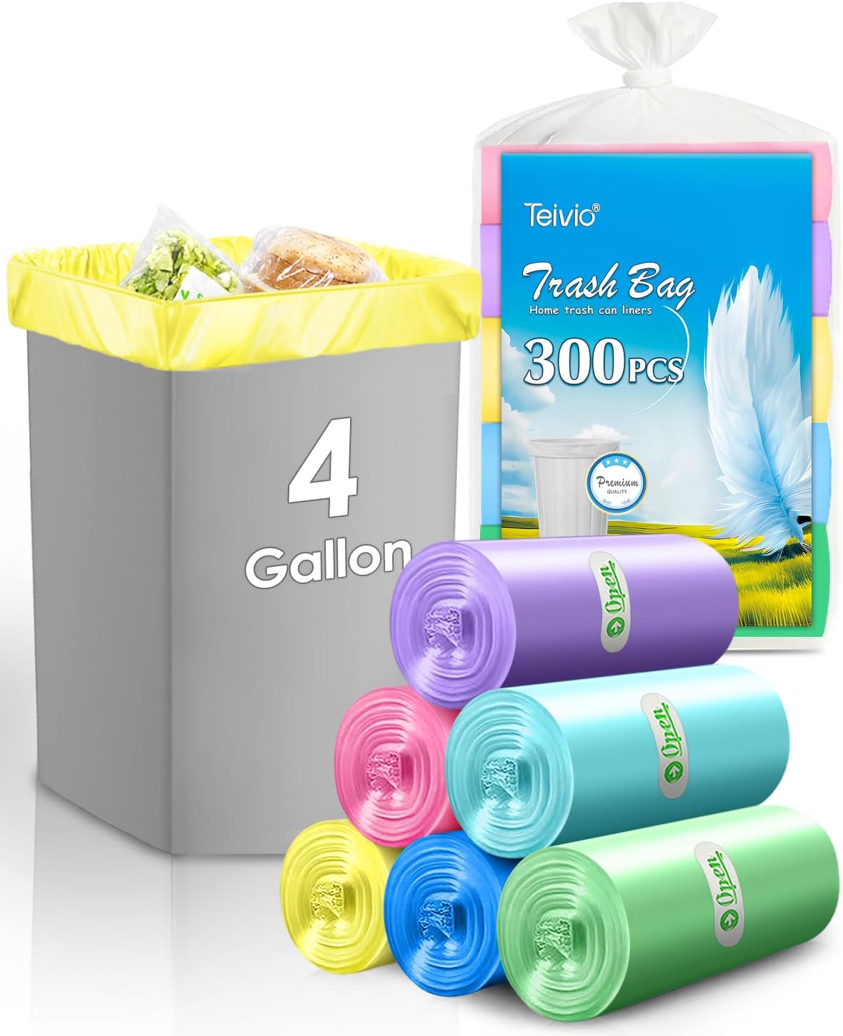 4 Gallon 300pcs Strong Trash Bags Colorful Clear Garbage Bags, Bathroom Trash Can Bin Liners, Small Plastic Bags for home office kitchen, fit 12-15 Liter, 3,3.5,4.5 Gal,Multicolor