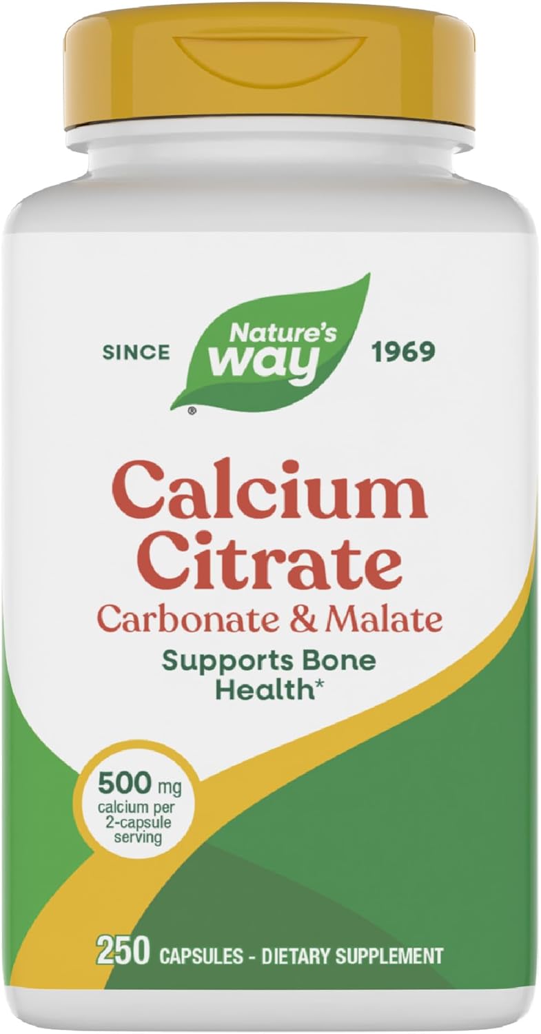 Nature's Way Calcium Citrate, 500 mg Calcium per 2-Capsule Serving, for Bone Health & Muscle Function*, Blend of Citrate, Carbonate & Malate, Gluten Free, 250 Capsules (Packaging May Vary)