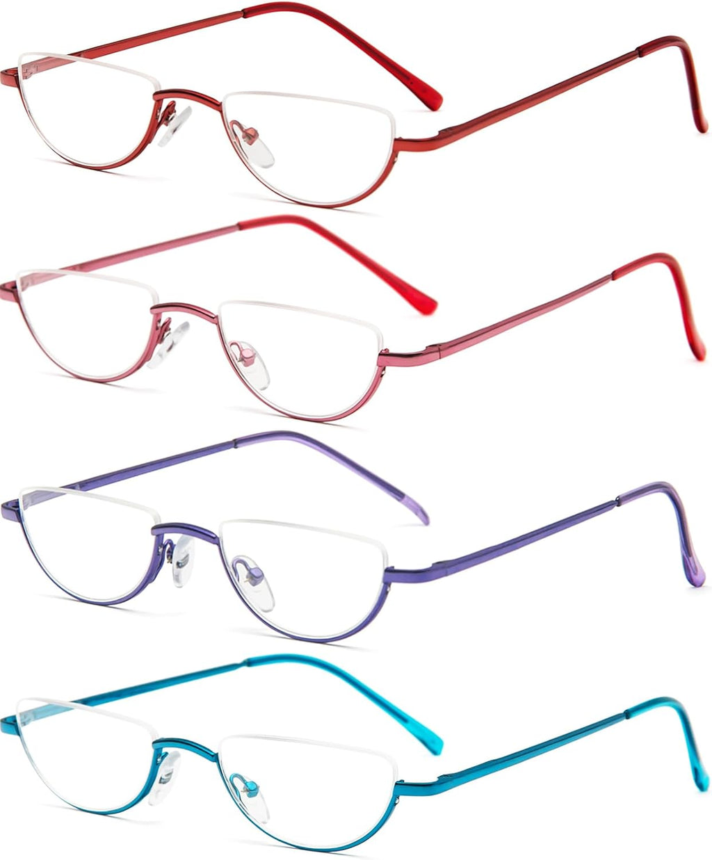 REAVEE 4 Pack Half Lens Reading Glasses for Women Retro Designer Metal Frame Half Moon Readers Spring Hinges with Pouch, Red Pink Blue Purple 2.0