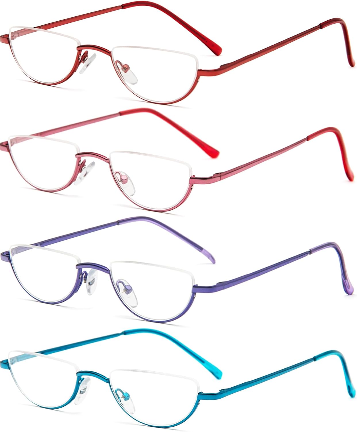 REAVEE 4 Pack Half Lens Reading Glasses for Women Retro Designer Metal Frame Half Moon Readers Spring Hinges with Pouch, Red Pink Blue Purple 2.0