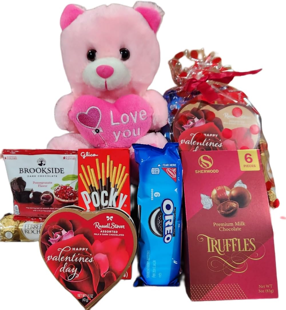 Valentines Day Gift Teddy Bear with Chocolates and Cookies Assortment, 10 Inches (pink)