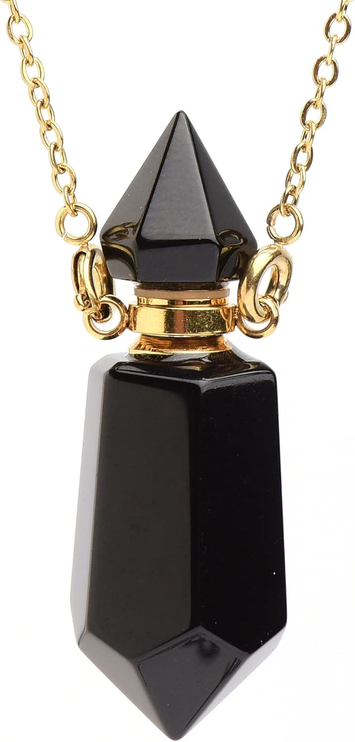 Obsidian Perfume Bottle Necklace Aromatherapy Necklace Hexagonal Pointed Essential Oil Diffuser Necklace for Women Vial Necklace (obsidian)