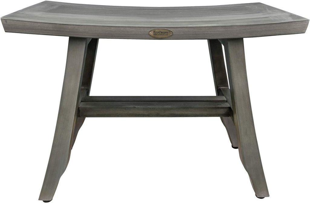 CoastalVogue Satori 24 Inch Gray Waterproof Teak Wood Shower Bench Stool Seat Chair for Inside Shower Provides Safety, Storage, and Organization for Bathroom Accessories