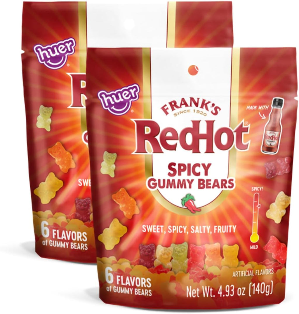 Huer - Frank's RedHot Original Spicy Gummy Bears 2 Pack - Sweet, Spicy, Salty, Fruity Easter Candy - 6 Flavors - A Fiery Twist on Classic Gummies - 4.93oz Bags (Pack of 2)