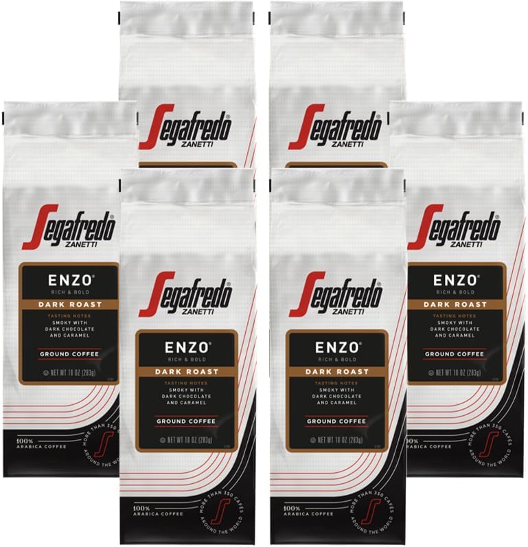 Segafredo Zanetti Ground Coffee – Made with Arabica Coffee – Dark Roast, Smoky with Hints of Roasted Nuts & Dark Chocolate – South American Blend – Rich, Full-Bodied – Enzo, 10oz Bag, Pack of 6