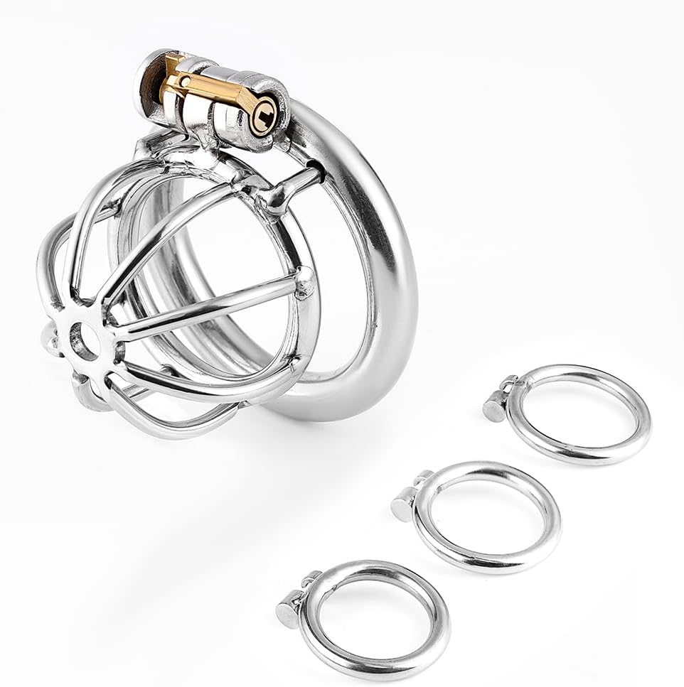 Silent Lock Stainless Steel Chastity Cage with 1-Way Belt and 3 Size Rings- Adult Sex Toy for Bondage