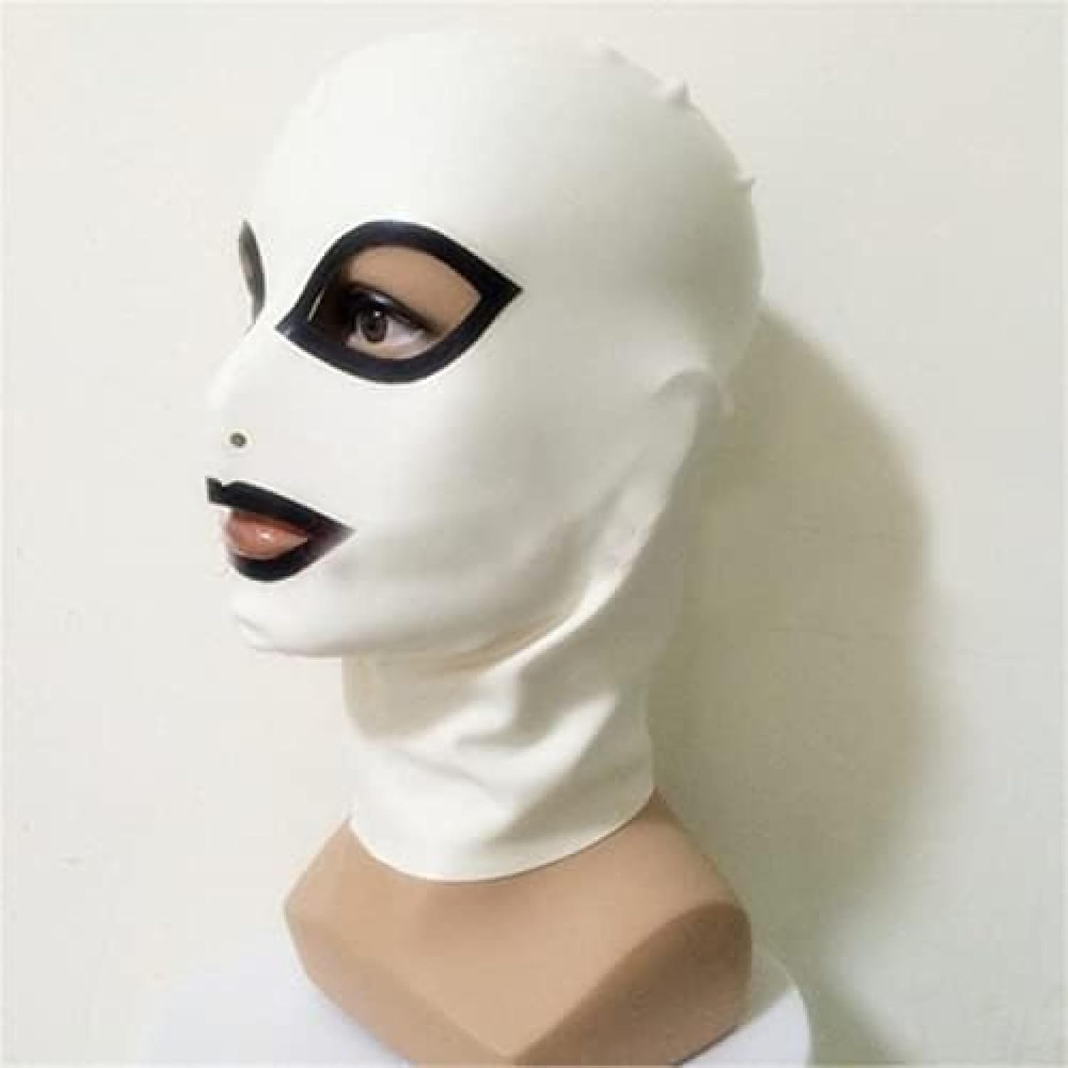 White Latex Hood with Black Trim Back Zipper Open Eyes Rubber Mask Club Wear Costume,Medium