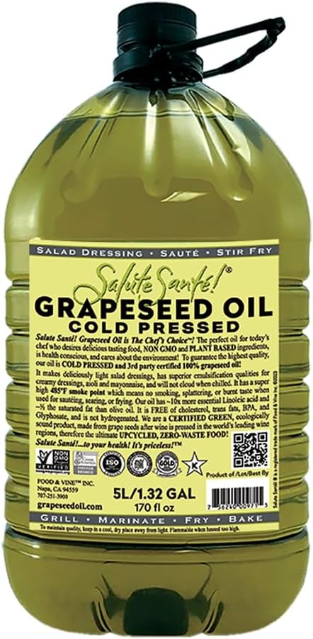 Salute Santé! Grapeseed Oil – Cold Pressed & 100% Grape Oil – “Good Inside and Out” Healthy Cooking Oil – 5 Liter Jug – High Heat, Non-GMO, Kosher, Vegan, Heart-Healthy Culinary Essential