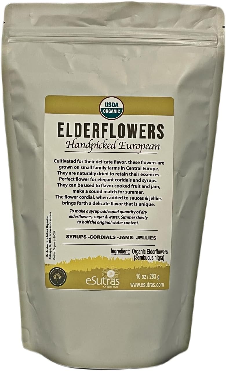 Elderflowers Organic Sambucus nigra European Elder flower Make Tasty Cordial Elderflower Syrup Wine or Elder flower Tea, Resealable Bag 10 oz