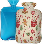 Hot Water Bottle with Cover 2 Liter, Christmas Cookies Candy Hot Cocoa Rubber Hot Water Bag for Pain Relief Headaches Cramps and Winter Warmth