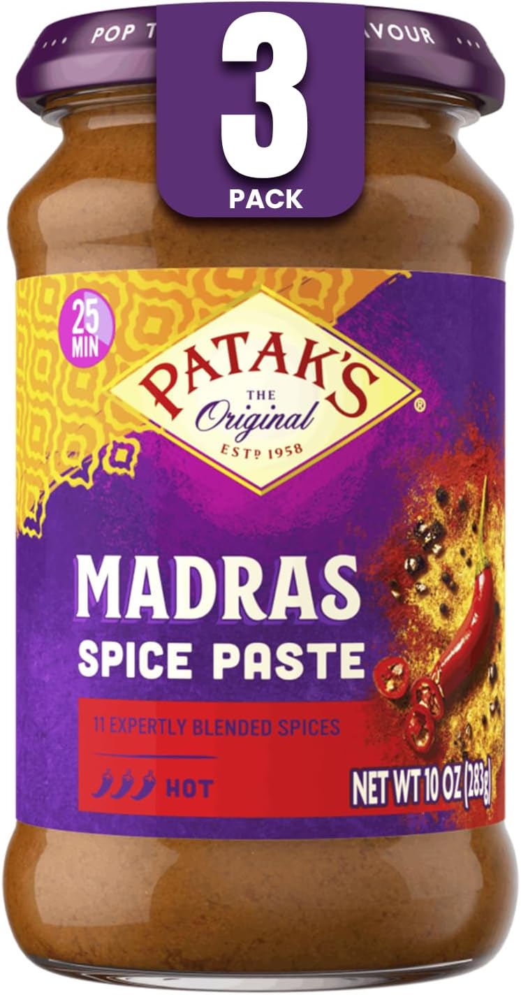 Patak's Madras Spice Paste, Hot Indian Curry with 11 Expertly Blended Spices, No Artificial Colors, Gluten-Free & Vegan, Bold Base for Home Cooking & More, 10 oz Jar, 3-Pack