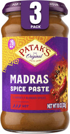 Patak's Madras Spice Paste, Hot Indian Curry with 11 Expertly Blended Spices, No Artificial Colors, Gluten-Free & Vegan, Bold Base for Home Cooking & More, 10 oz Jar, 3-Pack