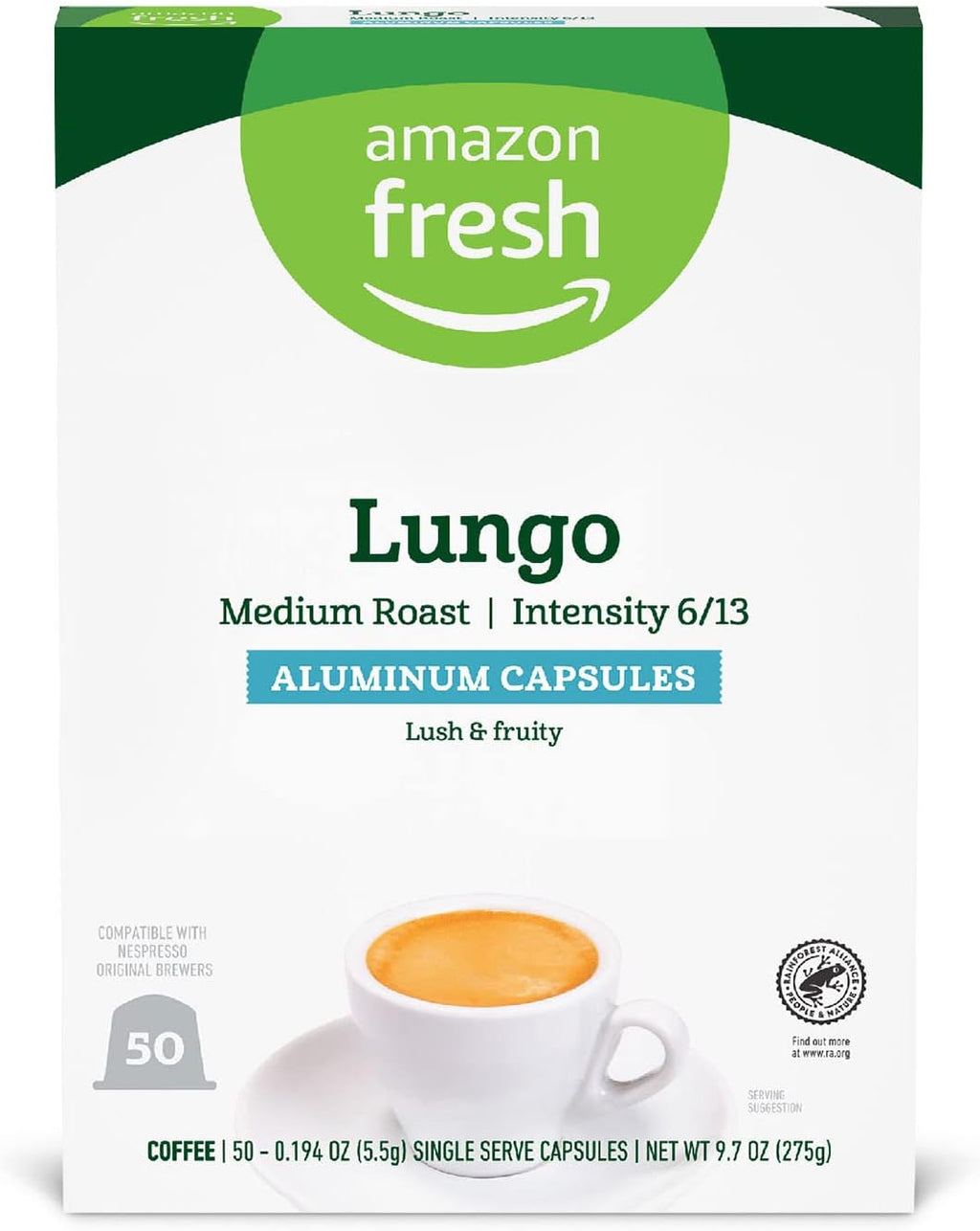 Amazon Fresh Espresso Lungo Medium Roast Aluminum Capsules, Compatible with Nespresso Original Brewers, 50 Count (5 Packs of 10)