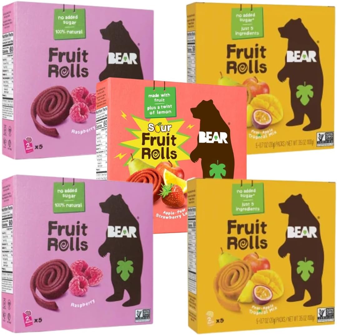 BEAR YoYo Fruit Rolls Variety Pack – 5 Pack Natural Fruit Snacks – Raspberry (2), Pear Apple Tropical Mix (2), Strawberry & Apple (1) – Vegan, Gluten Free, No Added Sugar – Kids Lunchbox Snack