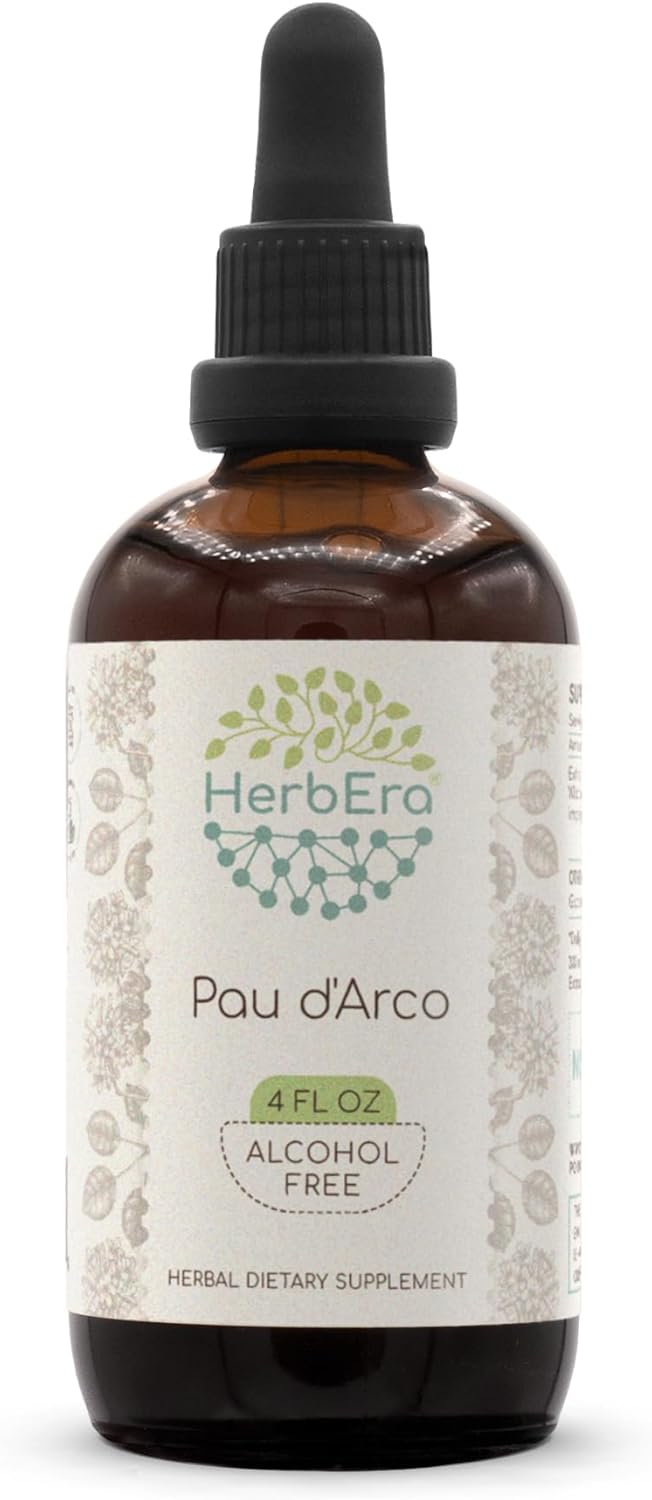 HerbEra PAU d'Arco B120 Alcohol-Free Herbal Extract Tincture, Concentrated Liquid Drops Natural Wildcrafted PAU d'Arco (Tabebuia Impetiginosa) Dried Bark (4 fl oz)