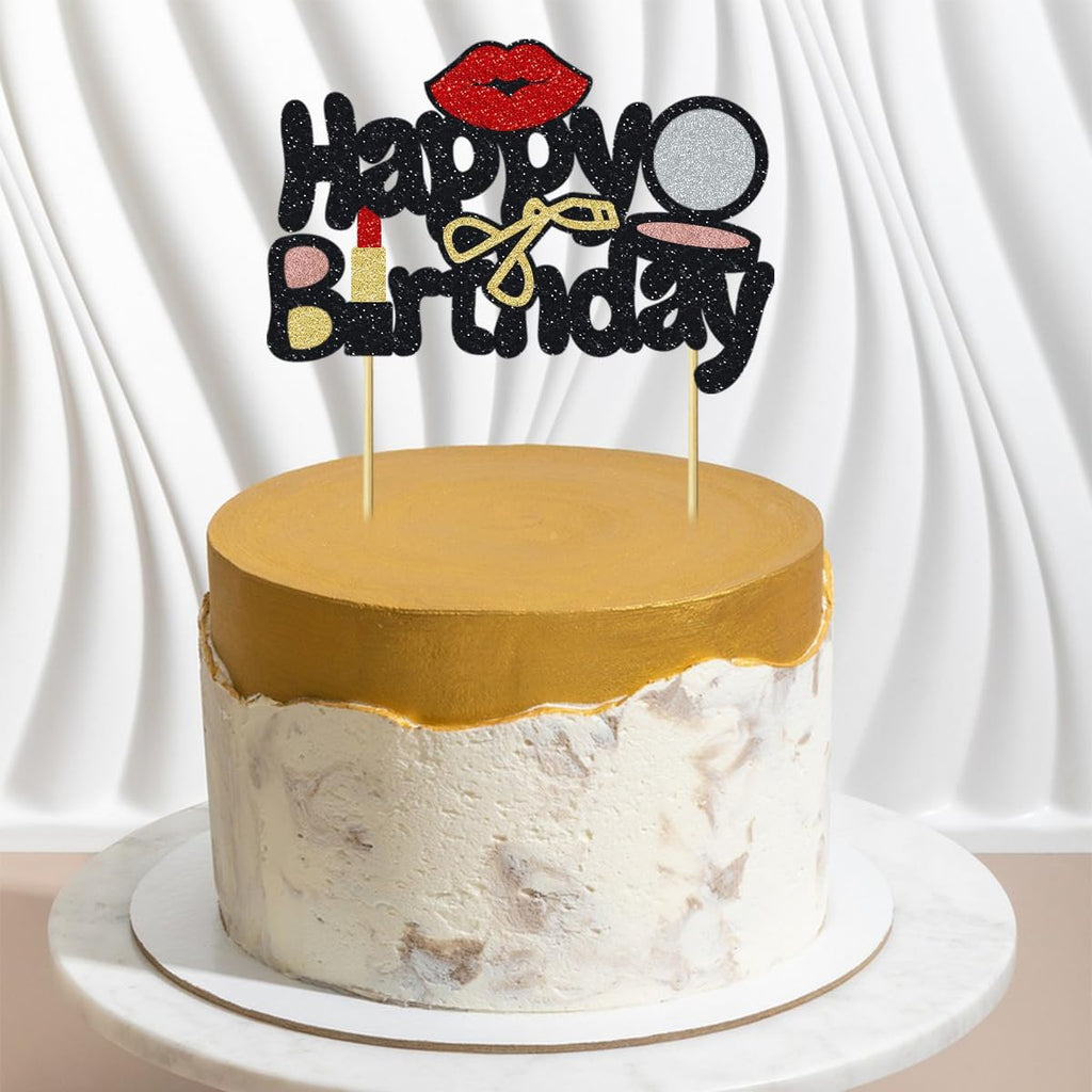 Happy Birthday Cake Topper, Makeup Birthday Party Cake Decorations with Powder, Eyelash Curler, Lipstick Glitter Cake Decor for Girls or Women Lipstick Birthday Decor
