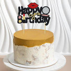 Happy Birthday Cake Topper, Makeup Birthday Party Cake Decorations with Powder, Eyelash Curler, Lipstick Glitter Cake Decor for Girls or Women Lipstick Birthday Decor