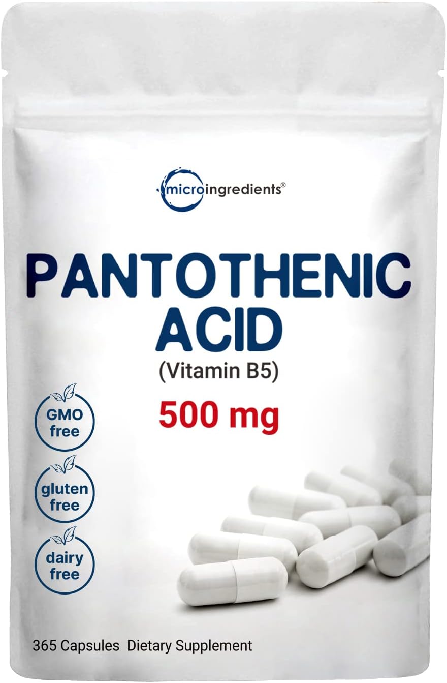 Pantothenic Acid Vitamin B5 Supplement, Vitamin B5 500mg Per Count, 365 Capsules (1 Year Supply), B-Complex Vitamin, Support Energy Production and Nervous System, Non-GMO