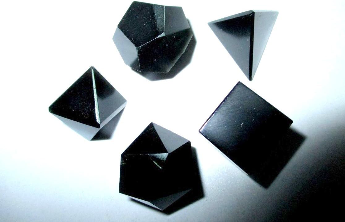 Jet International Black Obsidian Sacred Geometry Sets 5 Stone Platonic Solid Top Grade Quality Merkaba Star W/ Velvet Pouch Attractive Cleansing Life Vitality Healing Chakra Balancing DNA Energy Grid