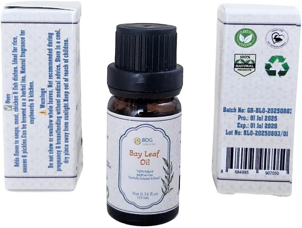 Premium Bay Leaf 10 ml Essential Oil, 100% Pure, Undiluted, Made from Carefully Selected and Dried Leaves, Therapeutic Grade, Aromatherapy, Hair and Scalp, Skin and DIY Personal Care