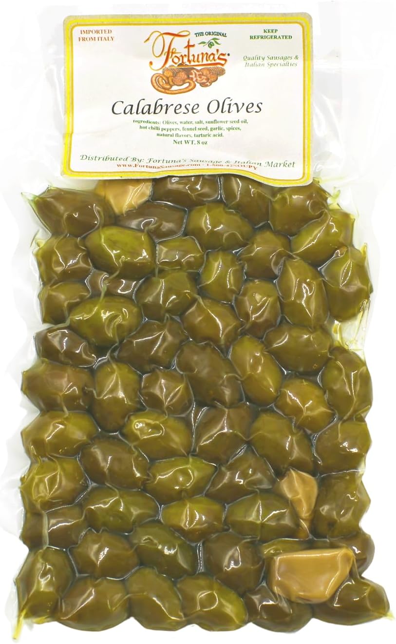 Fortuna's Imported Calabrese Olives - Tiny Green Olives with Pits, Wild Fennel, Garlic, and Chili Pepper in Brine - 8 oz Bag Imported from Italy. Perfect for Antipasto, Salads, and Snacks