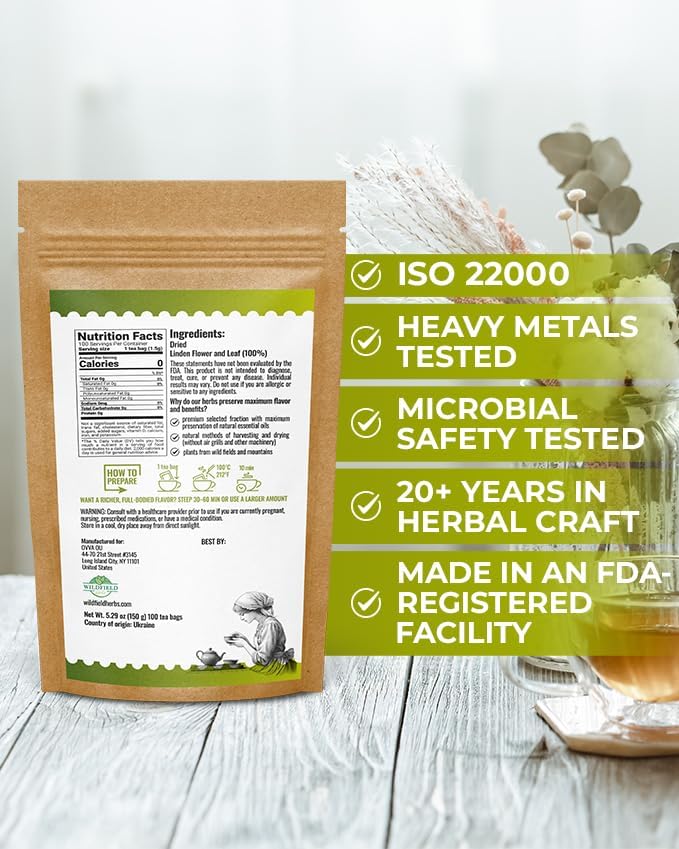 100 Bags Linden Tea Dried Linden Flower Tea Herbal (Tilia Cordata) - 100 Count 1.5g Bags Herb Lipa