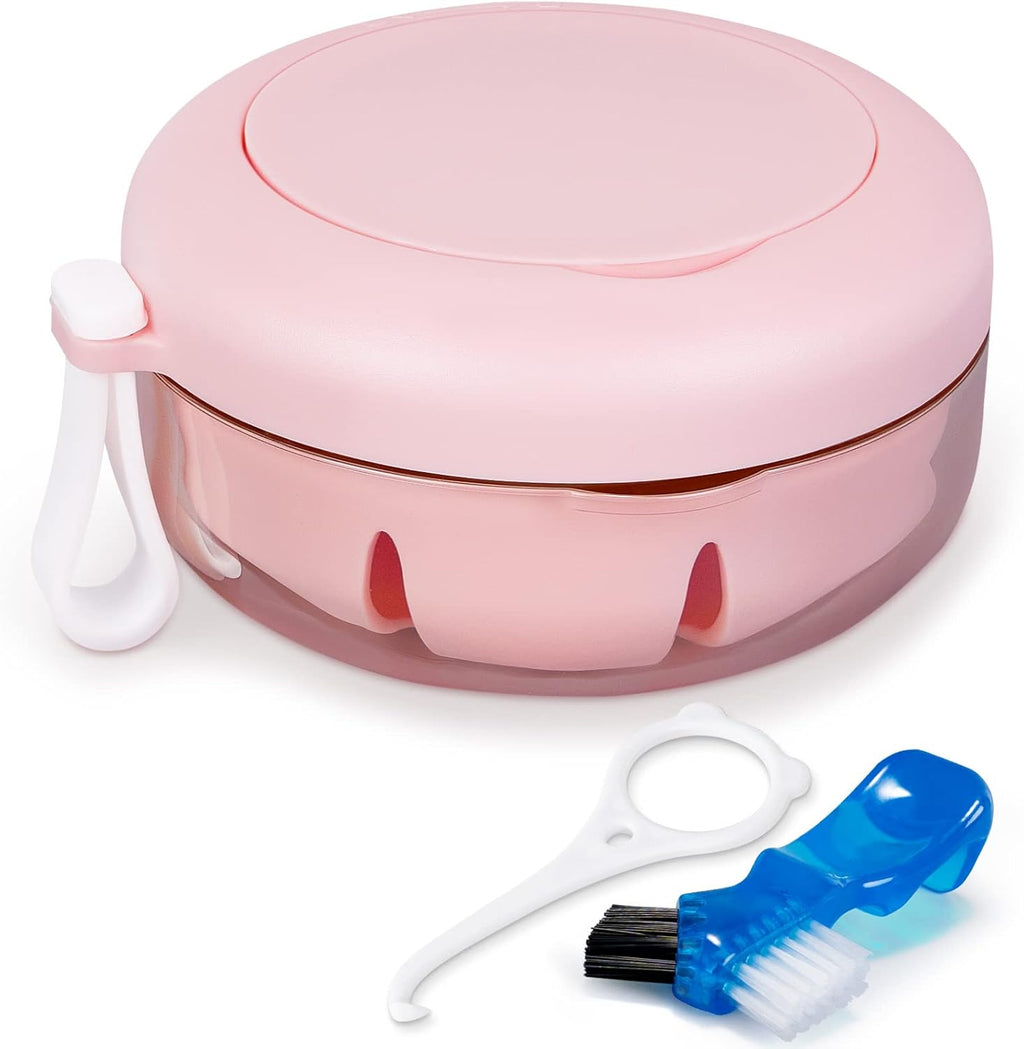 Leak Proof Denture Cup Kit Portable Retainer Case Perfect for Travel, Denture Case Container Cleaning Care for Dentures Aligner Mouth Guard with Denture Brush,Strainer, Removal Tool and Mirror