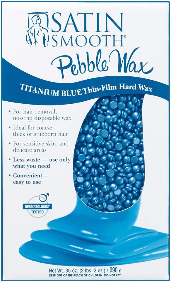 Satin Smooth Titanium Blue Hard Wax with Azulene Oil & Vitamin E, Thin Film Pebble Wax for Coarse Hair, Brazilian Bikini Waxing, Ideal for Sensitive Skin, Hair Removal Wax, 35oz