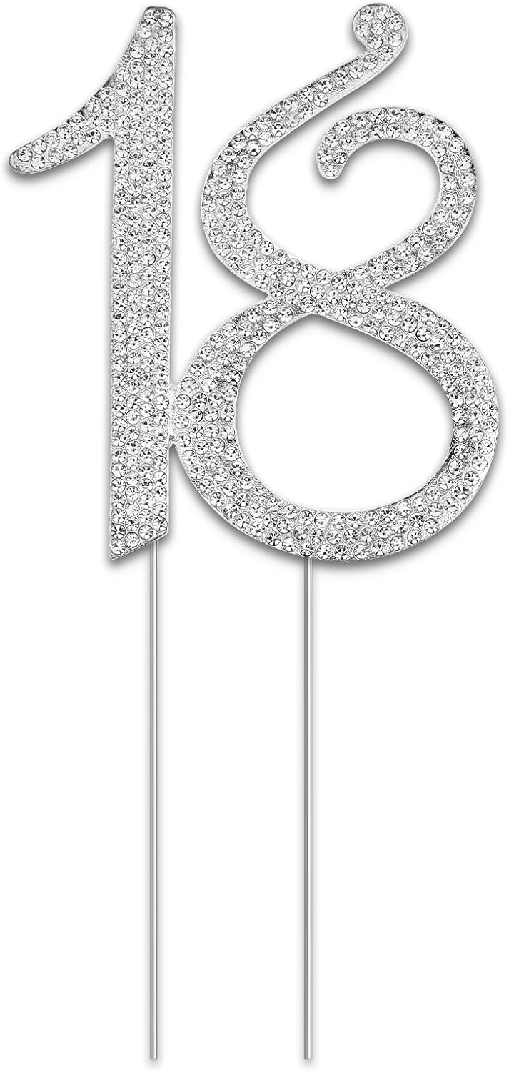 KALIONE 18 Cake Topper, Number 18, Crystal, Silver, 3.35inx8.27in, 1 Count, Birthday, Anniversary