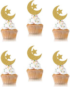 SWYOUN 48PCS Glitter Moon and Star Eid Mubarak Cupcake Topper Ramadan Kareem Party Supplies Islamic Muslim Party Decorations