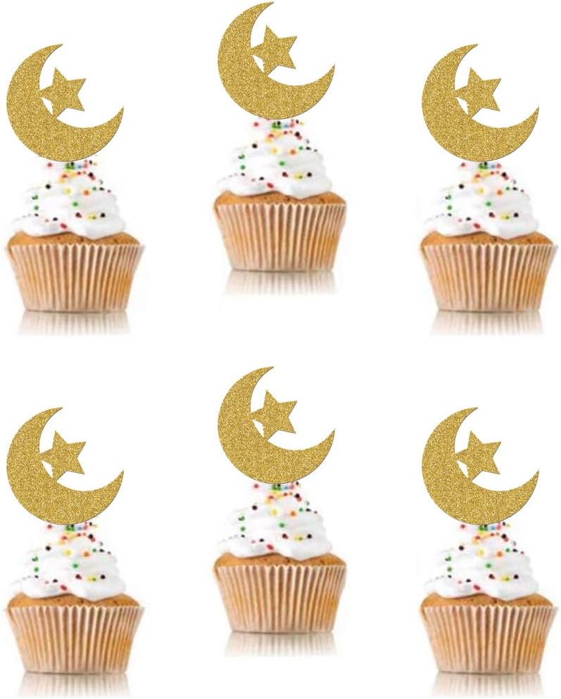 SWYOUN 48PCS Glitter Moon and Star Eid Mubarak Cupcake Topper Ramadan Kareem Party Supplies Islamic Muslim Party Decorations