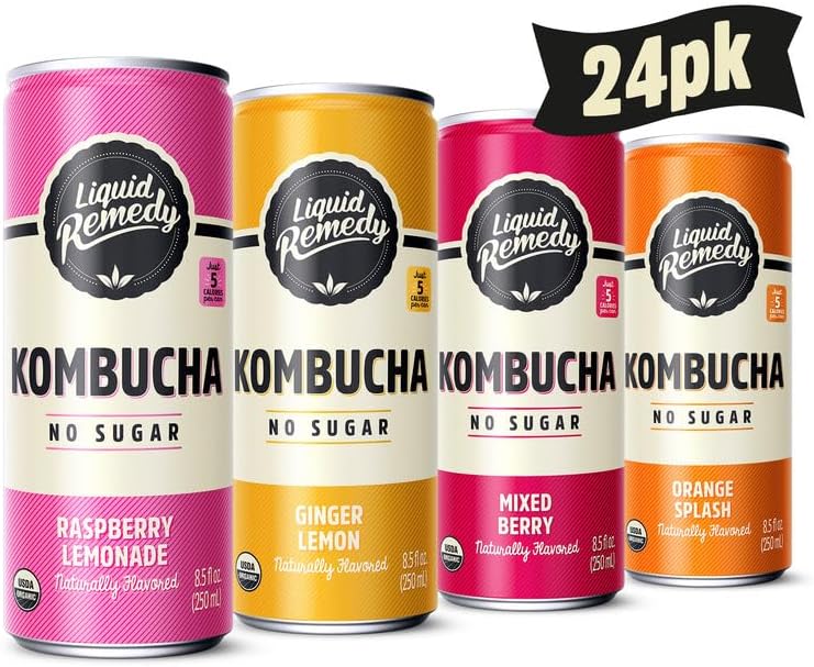 Liquid Remedy Kombucha Sugar Free Organic Drink, Low Calorie, Probiotic Like Tea for Gut Health - Fan Favorites Variety Pack - 8.5 Fl Oz Can, 24-Pack