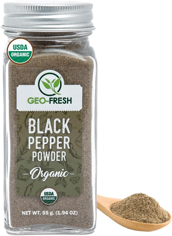 Geo-Fresh Organic Black Pepper Powder – 1.94 oz Glass Jar – Black Pepper Ground – USDA Certified – Non-GMO, Kosher, Gluten-Free – Premium Quality and Organic for Cooking & Seasoning
