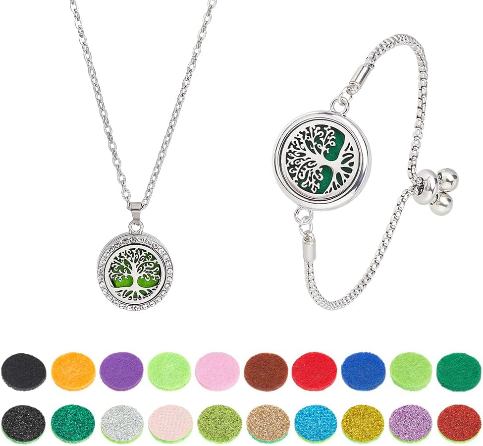 PH PandaHall 2pcs Essential Oil Diffuser Bracelet Necklace Set Tree of Life Stainless Steel Necklace Adjustable Aromatherapy Locket Jewelry with 20pcs Refill Pads for Valentine's Day Women Gift Mom