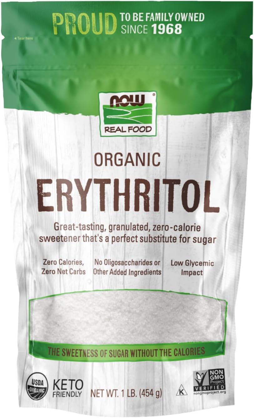 NOW Foods, Organic Erythritol, Pleasant Sweetner for Reduced-Calorie and Sugar-Free Recipes, Zero-Calorie, Low Glycemic Impact, 1-Pound (Packaging May Vary)