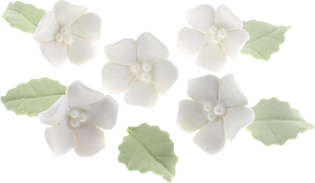Global Sugar Art Blossoms and Leaves Edible Sugar Cake & Cupcake Flowers, White, Small Unwired, 24 Count with Leaves by Chef Alan Tetreault