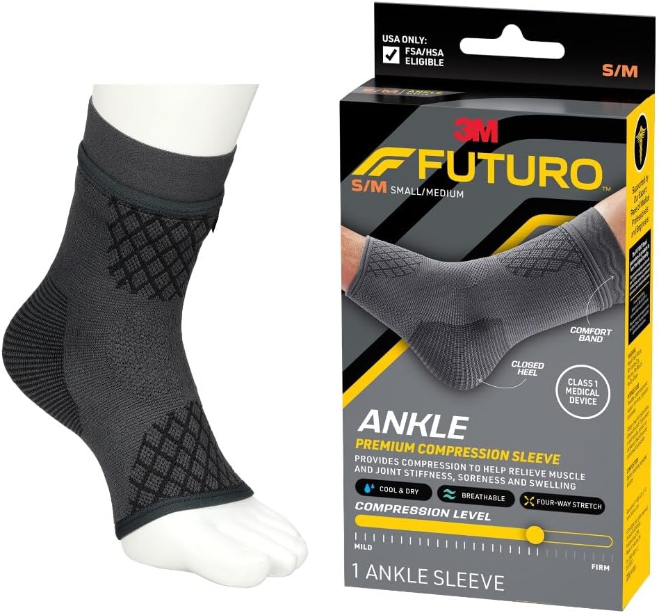FUTURO Premium Compression Ankle Sleeve, Advanced Compression Sleeve with Low-Profile Construction, Moisture Wicking Knit Ankle Sleeve for Mild Tendonitis, Swelling, Soreness, Sprains, and Strains S/M
