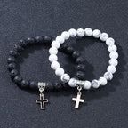 Matte Lava Rock Beaded Couple Bracelet Set for Women Men Black White 8mm Howlite Natural Volcanic Stone Matching Beads Elastic Cross Pendant Stretch Bracelets Religion Charm Friendship BFF Jewelry