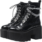 CYNLLIO Platform Ankle Boots for Women Combat Chunky Wedge Heel Boots Rave Goth Lace Up & Zipper Booties Punk Chain Shoes for Festival Concert Cosplay Party