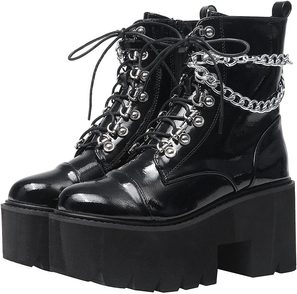 CYNLLIO Platform Ankle Boots for Women Combat Chunky Wedge Heel Boots Rave Goth Lace Up & Zipper Booties Punk Chain Shoes for Festival Concert Cosplay Party