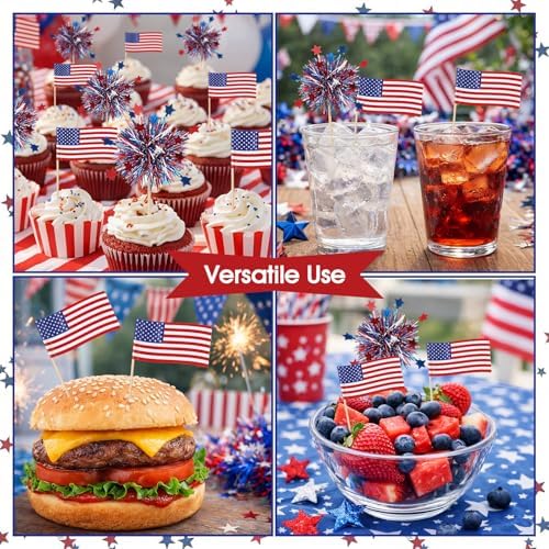 Zhehao 300 Pcs American Flag Patriotic Cupcake Toppers 4th of July Foil Firework Cake Decoration Toothpicks Red Blue White Mini Flags on Stick 250 Anniversary Party Cocktail Food Bar Independence Day