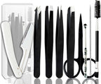 Tweezers Kit Tweezer for Women Facial Hair Removal Tweezers Professional Tweezers Set Eyebrow Tweezer, [9+1 PCS] Professional Stainless Steel Eyebrow for Women &Men,Black Beauty Sets