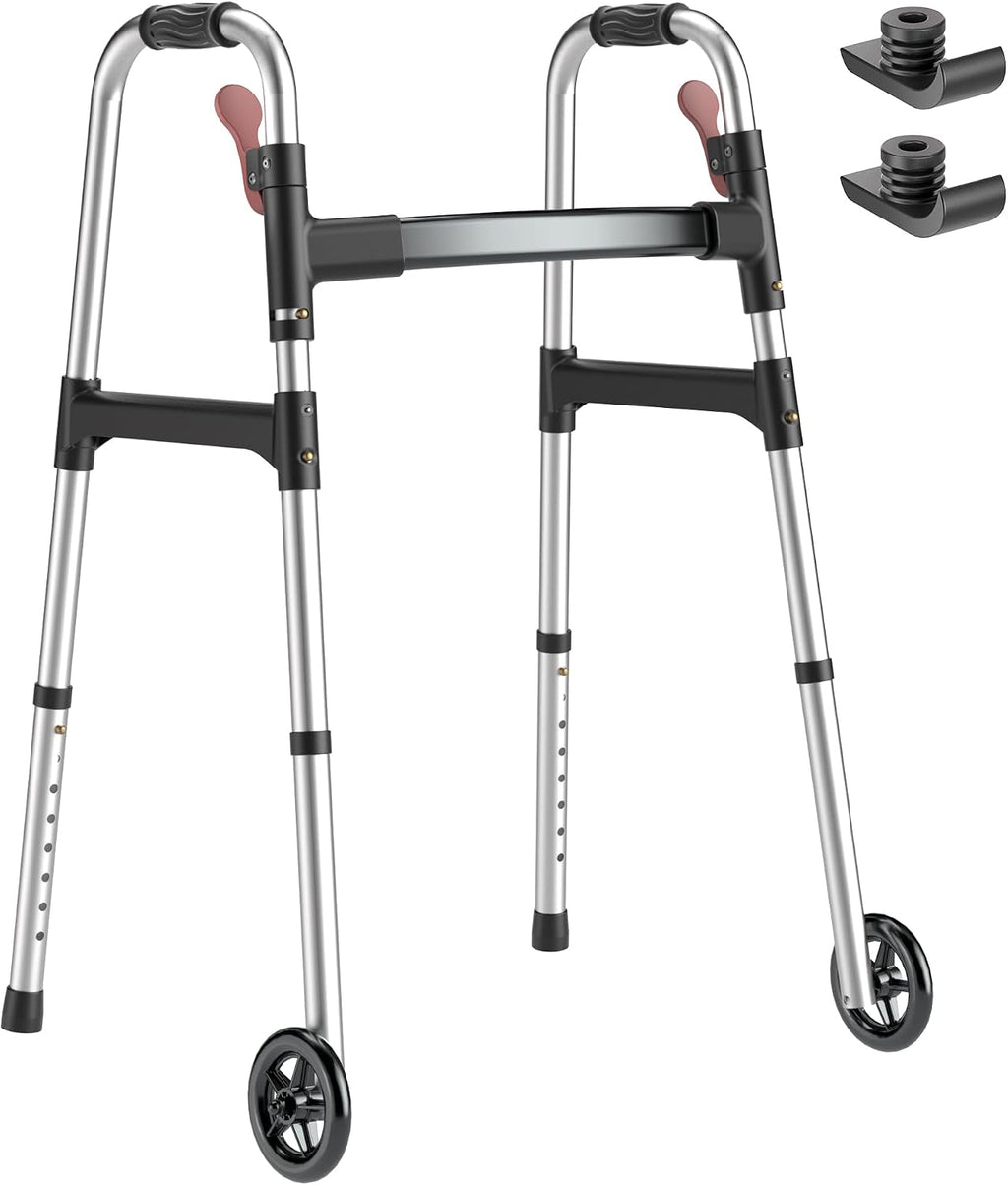 Walkers for Seniors, One-Hand Folding, 8 Height Adjustments, Walkers with Wheels, 2 Skis and 5" Wheels, Lightweight Walker for Seniors, Standard Walkers for Seniors, Aluminum Frame, Frosted Silver
