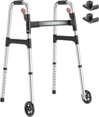 Walkers for Seniors, One-Hand Folding, 8 Height Adjustments, Walkers with Wheels, 2 Skis and 5" Wheels, Lightweight Walker for Seniors, Standard Walkers for Seniors, Aluminum Frame, Frosted Silver