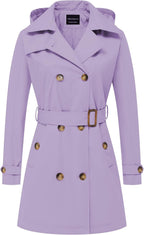 CREATMO US Women's Trench Coat Double-Breasted Classic Lapel Overcoat Belted Slim Outerwear Coat with Detachable Hood