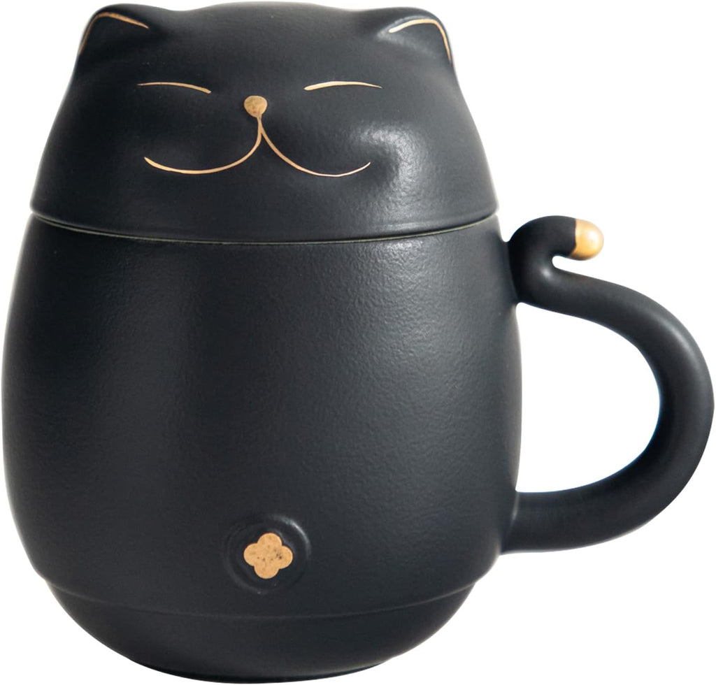 HEER Cat Tea Cup with Infuser and Lid - 10oz Ceramic Loose Leaf Tea Mug - Cat Lover Gift for Friends Family. (Black)