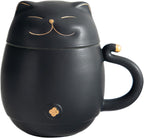 HEER Cat Tea Cup with Infuser and Lid - 10oz Ceramic Loose Leaf Tea Mug - Cat Lover Gift for Friends Family. (Black)
