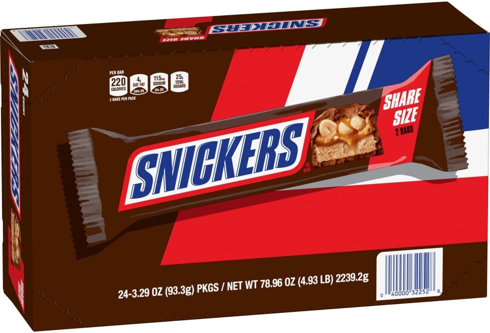 SNICKERS Candy Milk Chocolate Bars, Share Size Bulk Pack, 3.29 oz Bar (Pack of 24)