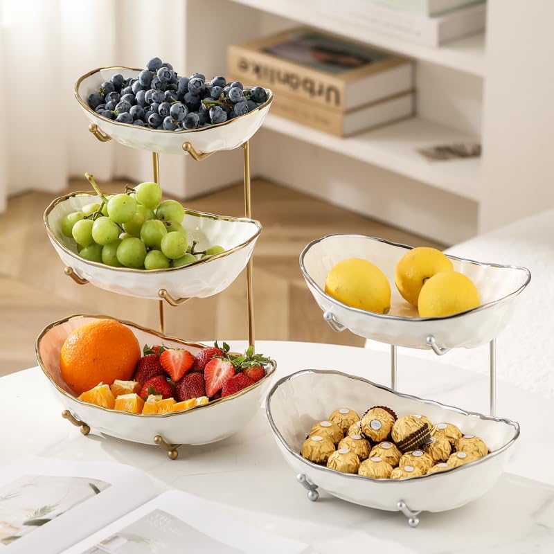 jessie 2 Tier Ceramic Fruit Bowl for Kitchen Counter with Metal Rack, Fruit Basket with Stand, Porcelain Bowls for Vegetable Bread Candy Snack Nuts Dessert Cake Tray (Gold 2 layer)